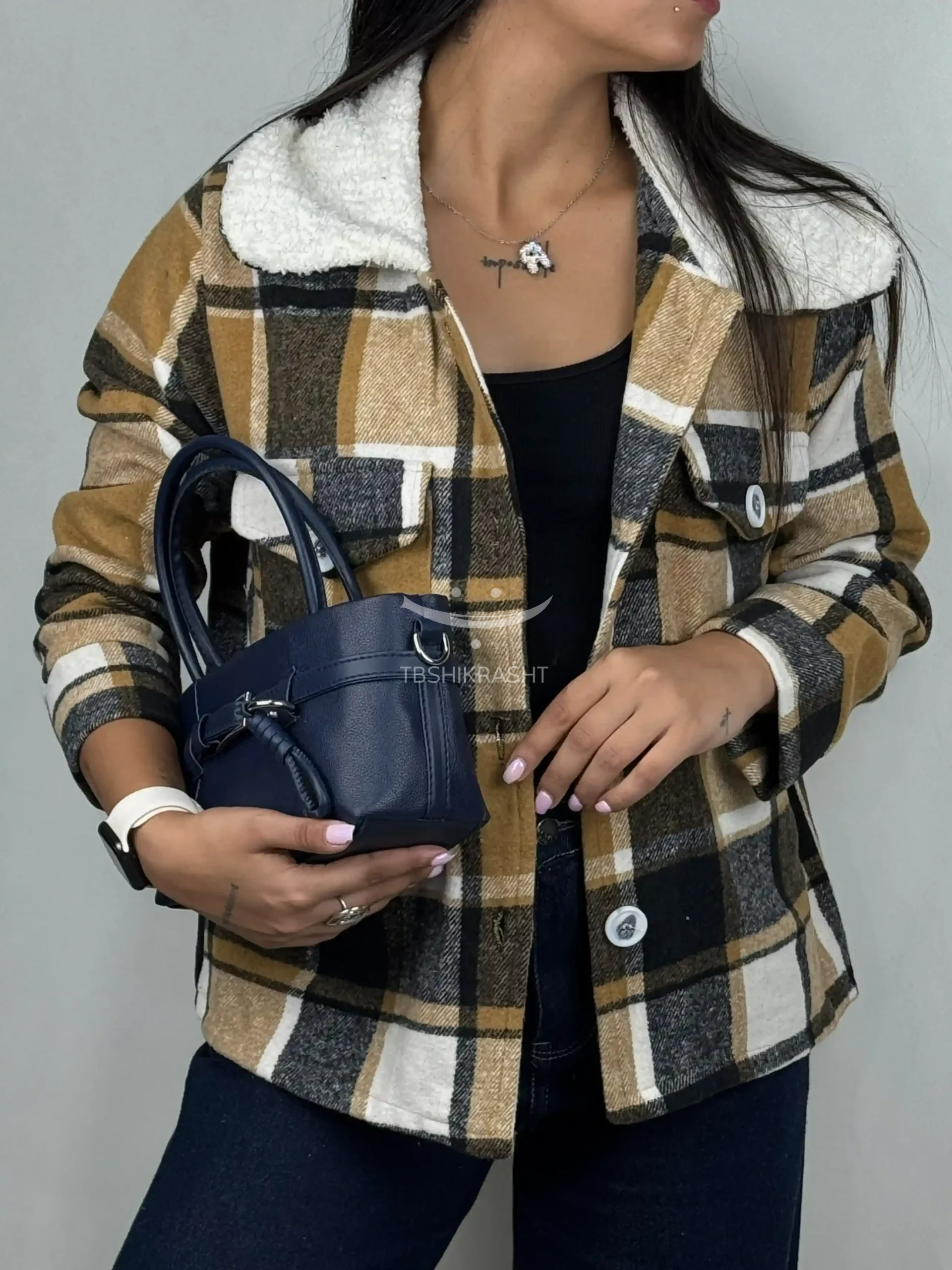Fur collar trench coat-T10 کت چهارخونه یقه خز 1199 - تصویر 1